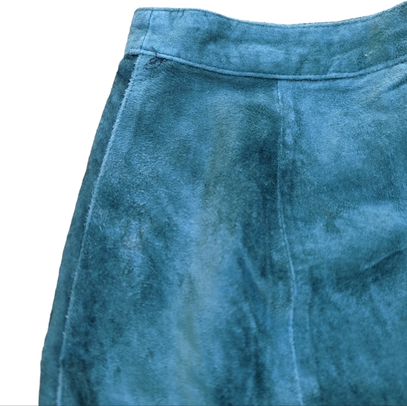 Green Turquoise Vintage 80s Suede Pencil Skirt High Rise Pleat Miniskirt Size 7 - Picture 3 of 10